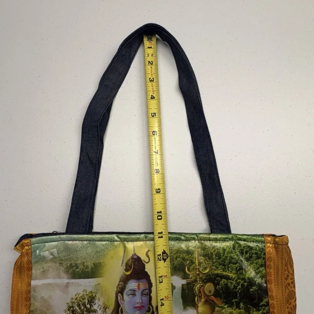 Multicolor Graphic Print Tote Bag Zip Closure Double Handles Blue Straps